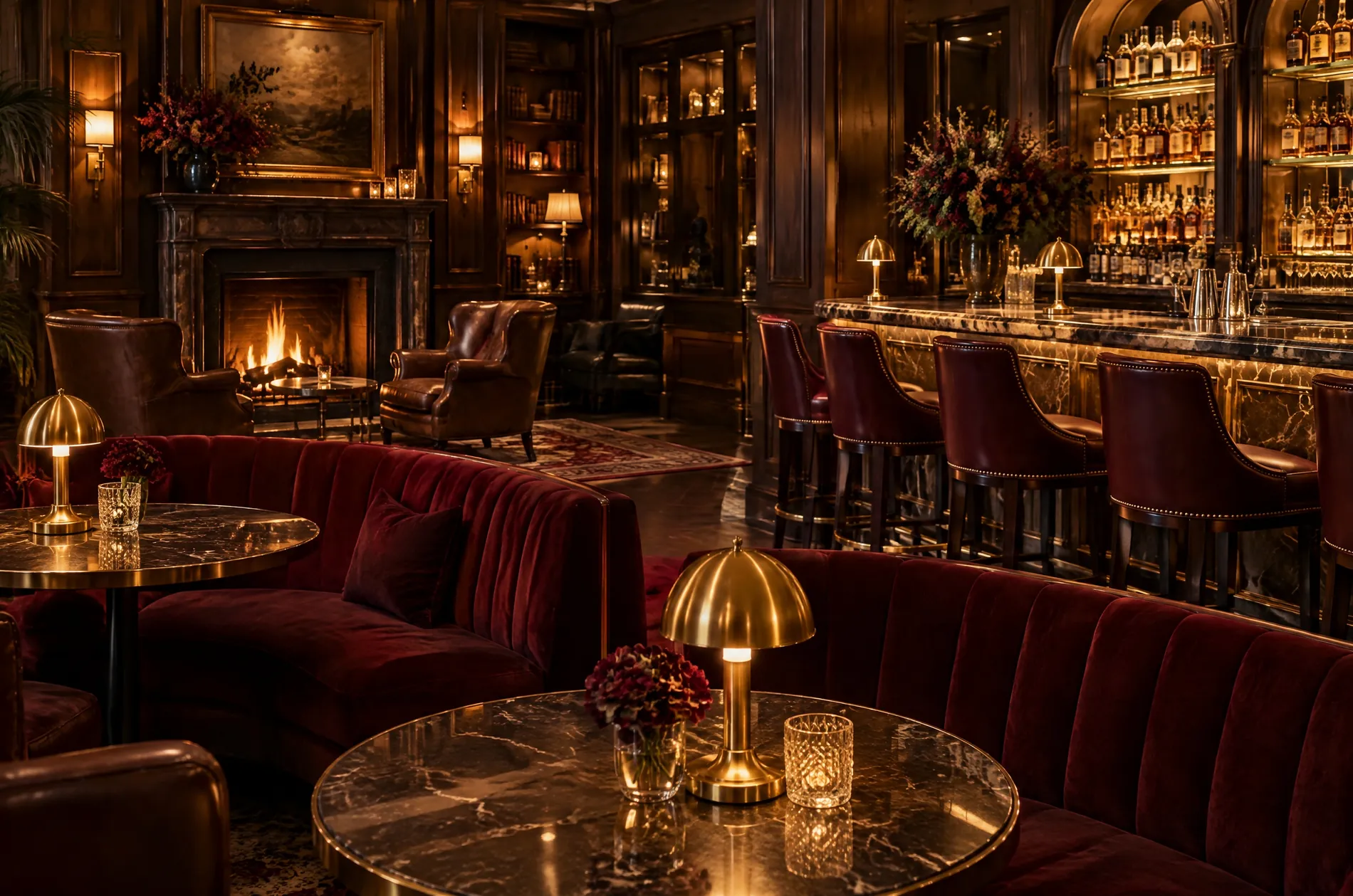 Le bar : banquettes de velours rouge sombre, comptoir de marbre et de laiton, lampes basses