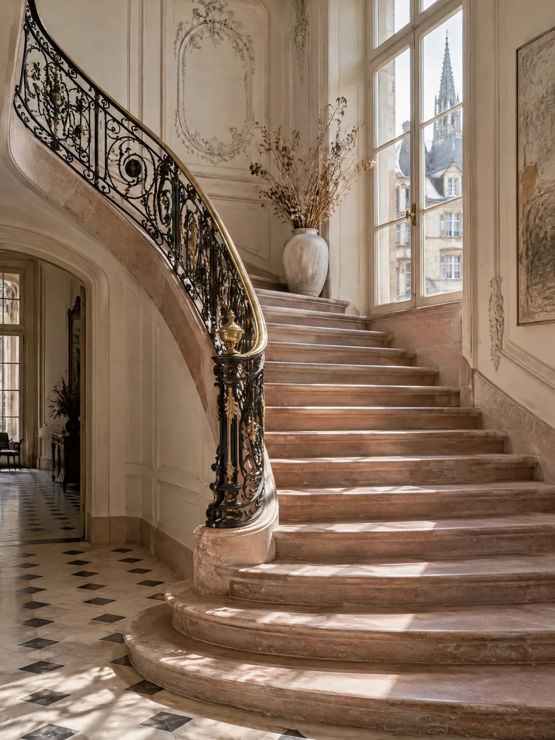 Le grand escalier de grès rose, rampe en fer forgé et main courante de laiton