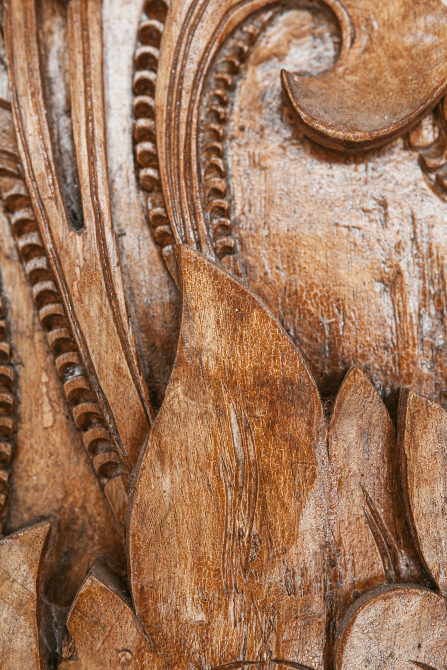 Détail d'un bois sculpté à la main, volutes et feuilles